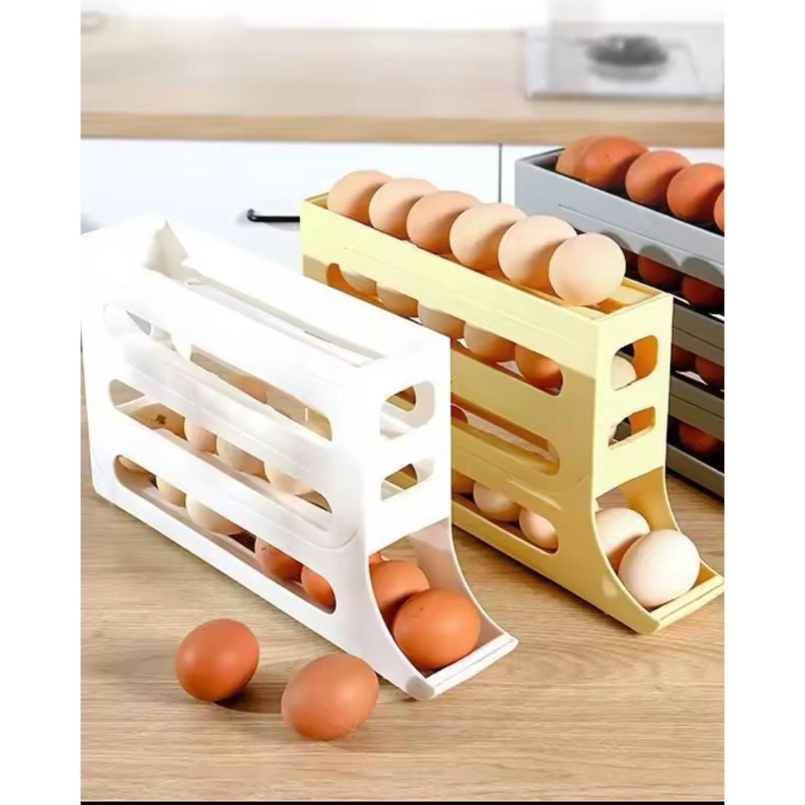 4 Layer Rolling Egg Holder Dispenser Plastic, Holds 30 Eggs, White & Beige.- Furaha Finds Kenya