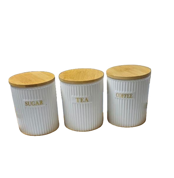 3pcs Ceramic Canisters with Bamboo Stand – 500ml Airtight Storage Jars for Kitchen Organization