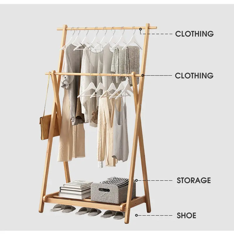 Foldable Bamboo Cloth Hanging Rack | Double Layer Free Standing Coat Rack with Side Hooks