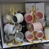 6pcs Marble Effect Ceramic Pearl Cups with Golden Rim – 400ml Elegant Grey Coffee and Tea Mug Set