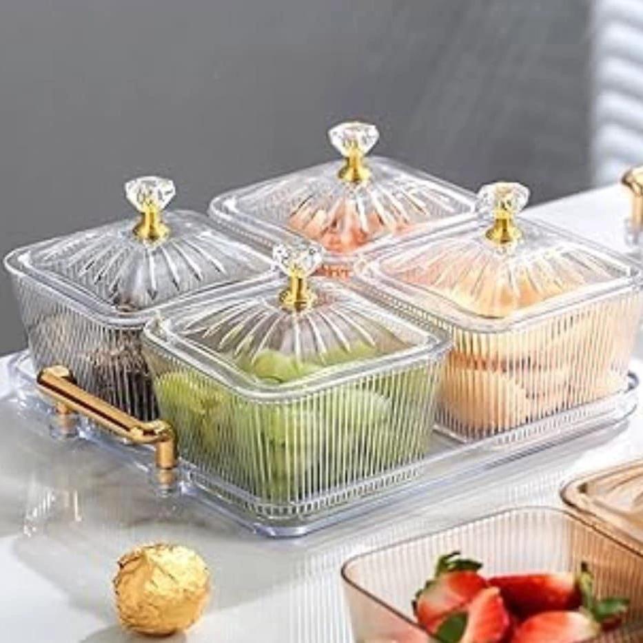 5pcs Dessert Snack Set with Bamboo Tray – Acrylic Square Serving Bowls for Snacks, Fruits, and Parties households Serving Platters