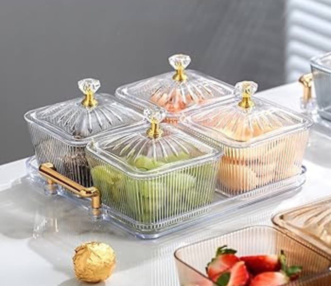 5pcs Dessert Snack Set with Bamboo Tray – Acrylic Square Serving Bowls for Snacks, Fruits, and Parties