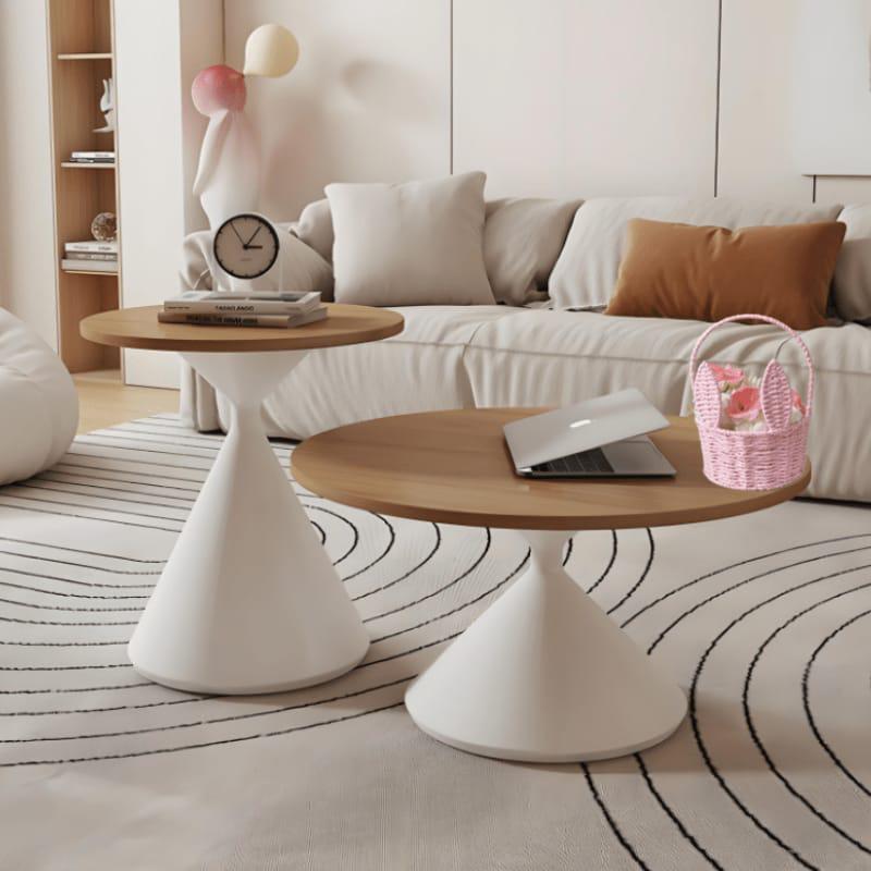 2 in 1 Modern Marble Round Coffee Table Set – Classic Living Room Side Table with Brown and Creme Base