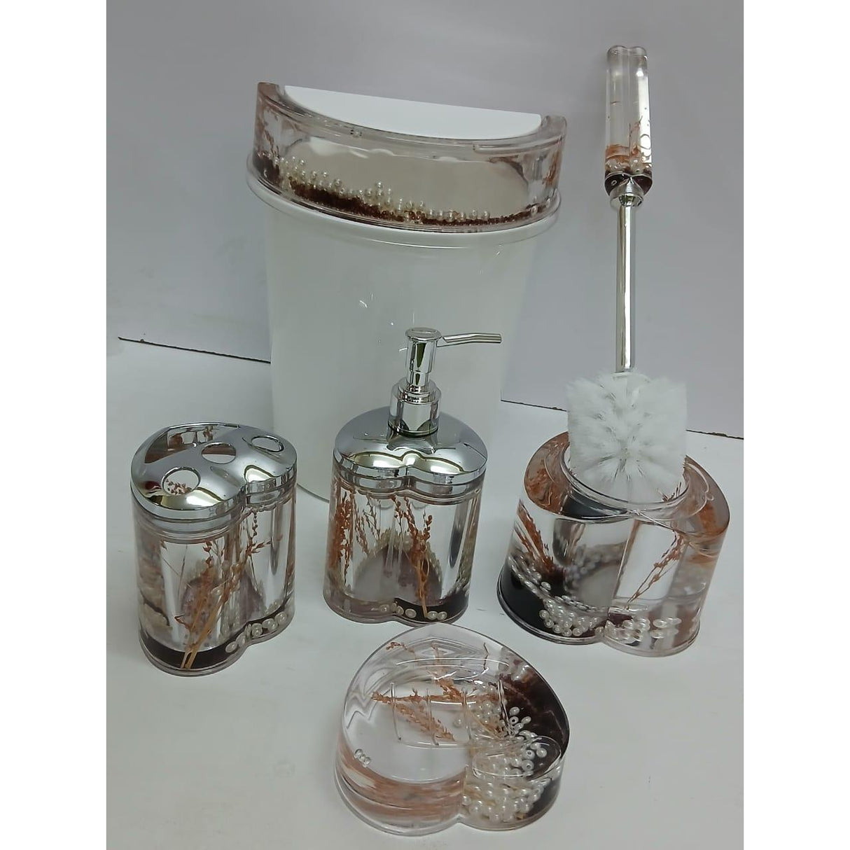 6 in 1 Acrylic Bathroom Set with Decorative Flowers Inside