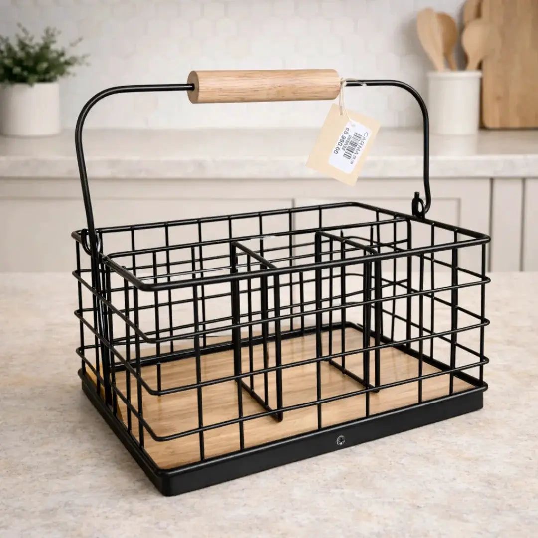 4-in-1 Cutlery Holder with Handle – Metallic & Bamboo Base Kitchen Organisation Kitchen Utensil Holders