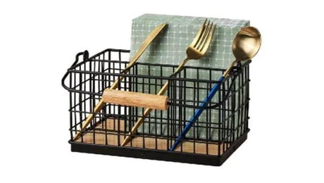 4-in-1 Cutlery Holder with Handle – Metallic & Bamboo Base Kitchen Organisation Kitchen Utensil Holders
