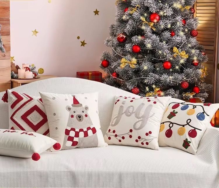 3pc Christmas Themed Pillow Covers - 45x45cm White with Red