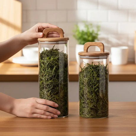Glass Jar Set - 4-Piece Airtight with Wooden Handle Lids 1100ml to 1700ml Clear Kitchen & Dining Food Storage Containers