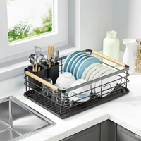 Dish Rack - Single Tier Metal Wire with Draining Tray Cutlery Holder and Wood Handle Bar Black Kitchen & Dining Dish Racks