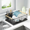 Dish Rack - Single Tier Metal Wire with Draining Tray Cutlery Holder and Wood Handle Bar Black Kitchen & Dining Dish Racks