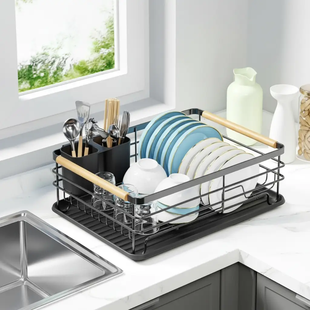 Dish Rack - Single Tier Metal Wire with Draining Tray Cutlery Holder and Wood Handle Bar Black Kitchen & Dining Dish Racks
