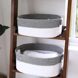 Storage Basket Set - 2-Piece Cotton Rope Woven Oval with Handles Grey White Household Storage Baskets