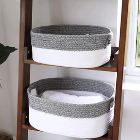 Storage Basket Set - 2-Piece Cotton Rope Woven Oval with Handles Grey White Household Storage Baskets