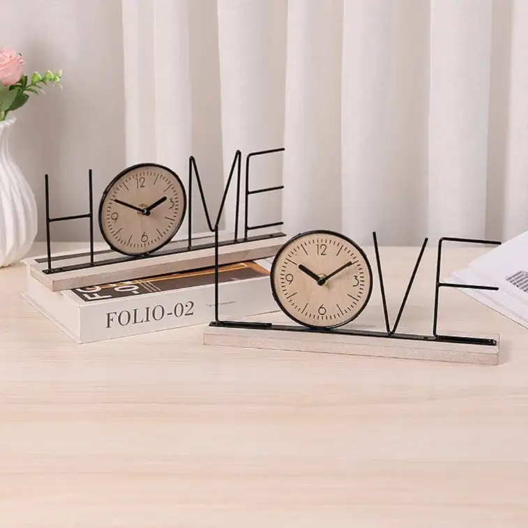 Desk Clock - Handmade Creative LOVE HOME Iron Wood Base 30cm Home Decor Desk Clocks