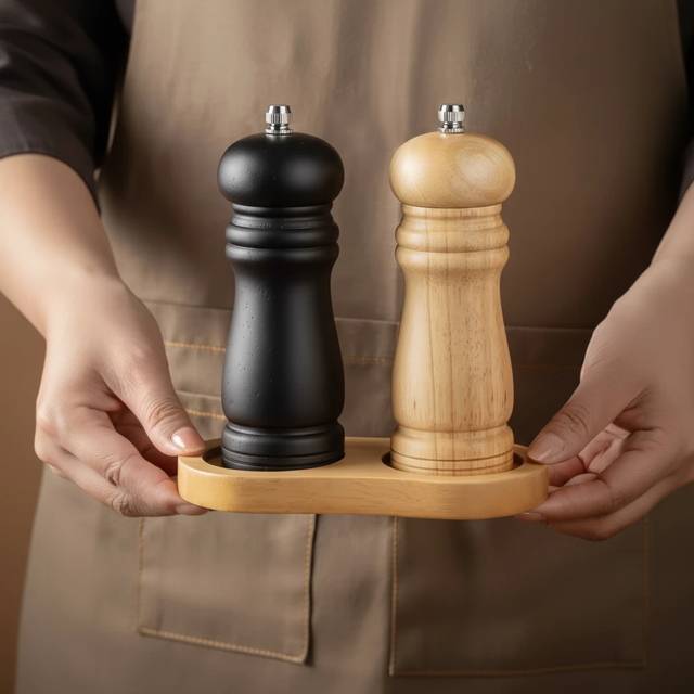 Set of 2 Wooden Pepper Salt Mill Grinder 14.7x5cm Manual Adjustable Natural Wood Matte Black Kitchen Kitchen & Dining Spice Grinders
