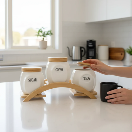 3 Piece Ceramic Canister Set With Curved Bamboo Stand Airtight Lids Coffee Sugar Kitchen & Dining Food Storage Containers
