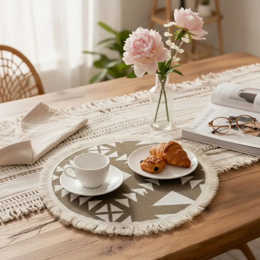 Table Mat Set - 6pc Handmade Cotton Linen Aztec Fringe Double Sided Black Brown 35x250cm Home & Garden Placemats