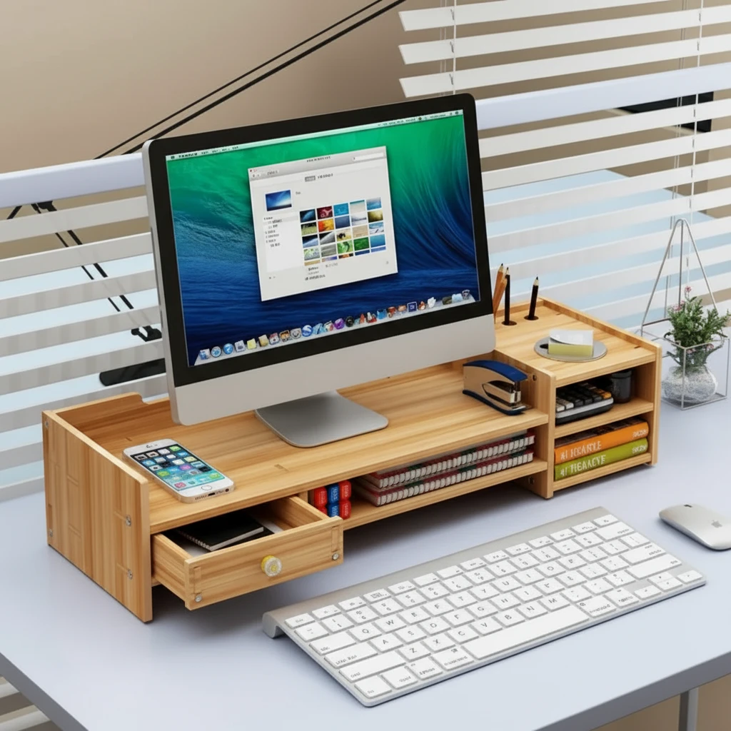 Bamboo Monitor Stand Riser with Drawer and Storage Multi-Compartment Home & Garden Computer Risers & Stands