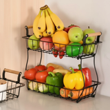 2-Tier Nordic Wire Fruit Basket Rack Wooden Handles Banana Holder Black 39x22x33cm Kitchen & Dining Kitchen Counter & Beverage Station Organizers