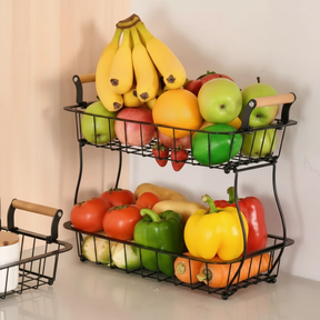2-Tier Nordic Wire Fruit Basket Rack Wooden Handles Banana Holder Black 39x22x33cm Kitchen & Dining Kitchen Counter & Beverage Station Organizers