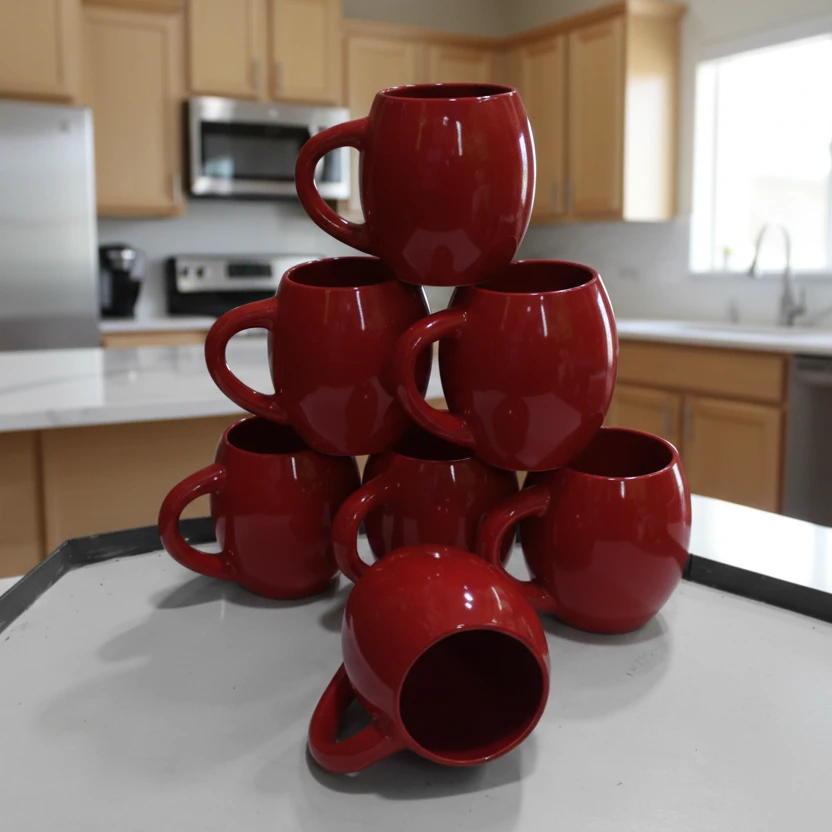 6-Piece Ceramic Mug Set Red Round Belly Coffee Mugs Glossy Kitchen & Dining Mugs