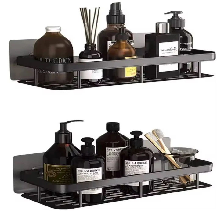 2-Piece Wall-Mounted Shower Caddy Shelf Set Black Adhesive No Drilling Home & Garden Wall-Mounted Caddies