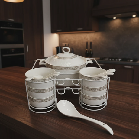 Soup Set - 15-Piece Ceramic White with Gold Greek Key Trim Kitchen & Dining Dinnerware Sets