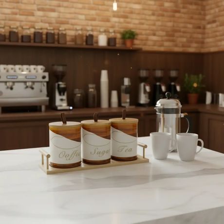 Canister Set - 3-Piece 500ml Ceramic Coffee Sugar Tea with Bamboo Stand Spoons Kitchen & Dining Food Storage Containers