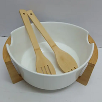 Salad Bowl Set - Ceramic with Bamboo Stand and 2 Serving Spoons White Kitchen & Dining Serving Bowls