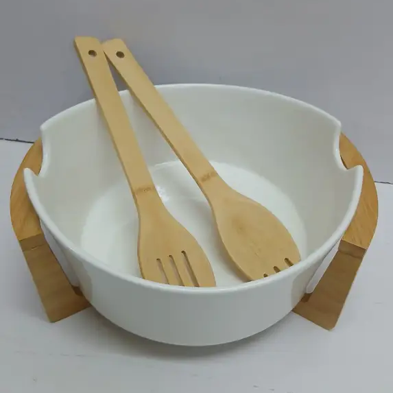 Salad Bowl Set - Ceramic with Bamboo Stand and 2 Serving Spoons White Kitchen & Dining Serving Bowls