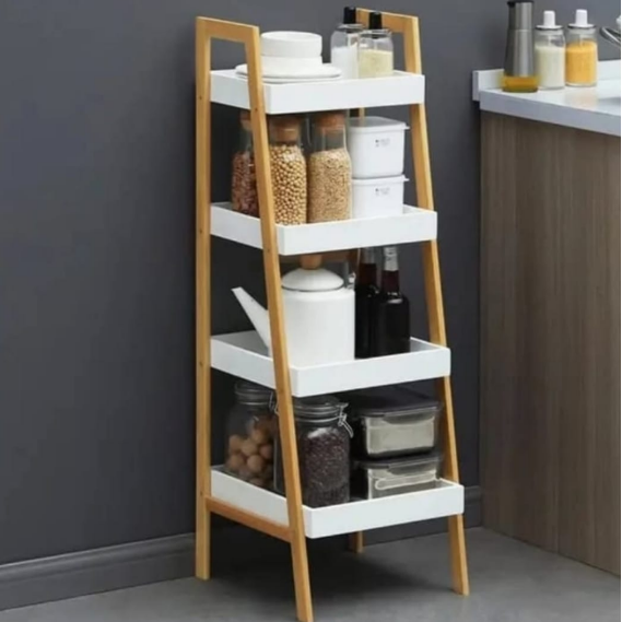 Wood Storage Display Shelf - 4-Tier Ladder Bookshelf Organizer