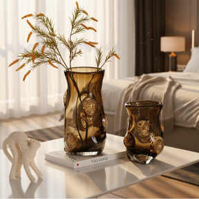 Flolenco Luxury Glass Vase with Gold Bubble Accents Smoke Brown Home & Garden Vases