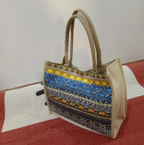 Geometric Print Pattern Tote Bag Jute Canvas Smart Casual 34x17x28cm Bags & Accessories Tote Bags