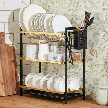 3-Layer Metallic Dish Rack with Utensil Holder Gold Black Kitchen Organizer Kitchen & Dining Dish Racks
