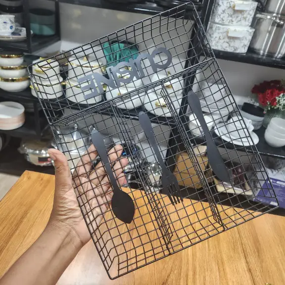 CUISINE Wire Mesh 4-Compartment Cutlery Drawer Organiser Gold Black 25x25x8cm Kitchen & Dining Flatware Trays