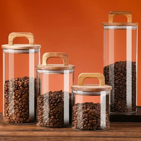 Glass Jar Set - 4-Piece Airtight with Wooden Handle Lids 1100ml to 1700ml Clear Kitchen & Dining Food Storage Containers
