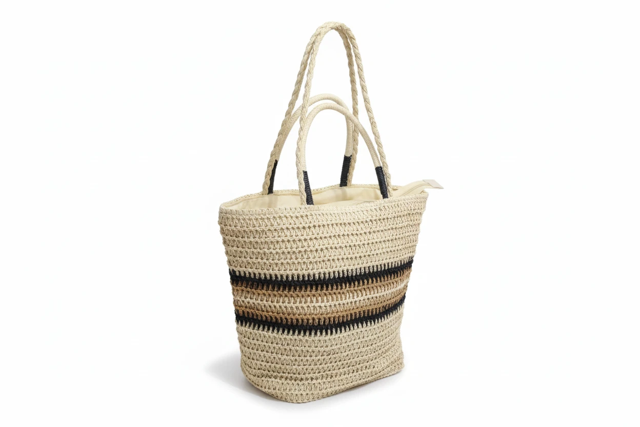 French Color Block Woven Tote Bag Striped with Zipper Closure Lined 43x9x16cm Bags & Accessories Beach Bags
