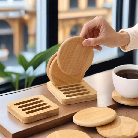 Coaster Set - 6-Piece Round Bamboo 10cm with Slatted Holder Rack Natural Finish Kitchen & Dining Coasters