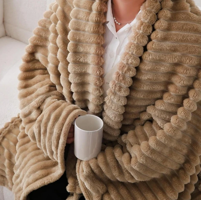 Warm Ribbed Fleece Throw Blanket 200x200cm Pom-Pom Fringe Camel Navy Cream Teal Bedding Home & Garden Blankets