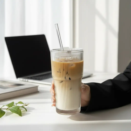 Glass Cup - 600ml Vertical Stripe Ribbed with Lid Glass Straw Heat Sleeve Kitchen & Dining Tumblers