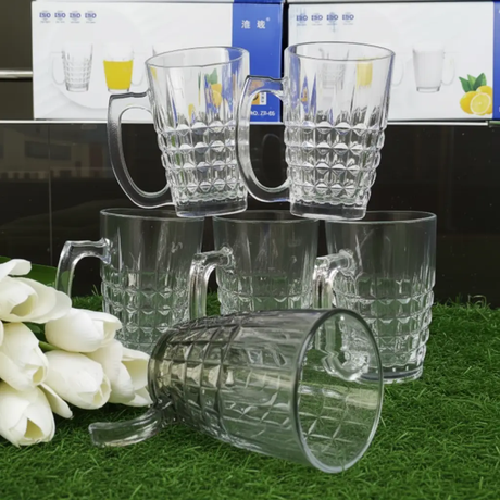 Glass Mug Set - 6-Piece 300ml Diamond Cut Crystal Clear with Handle Kitchen & Dining Mugs
