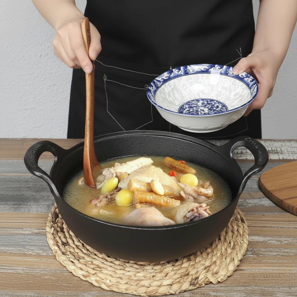 30cm Cast Iron Wok with Wooden Lid Pre-Seasoned Double Handle Kitchen & Dining Woks