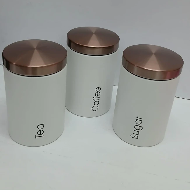 Canister Set - Sugar Tea Coffee 3-Piece Metal with Rose Gold Lids Kitchen & Dining Food Storage Containers