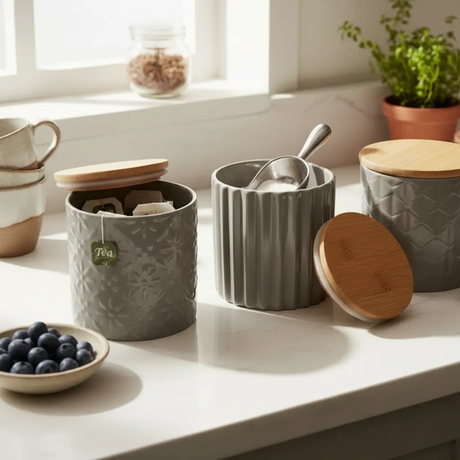 Canister Set - 3-Piece Grey Ceramic Embossed Bamboo Lid Kitchen Storage Jars Kitchen & Dining Food Storage Containers