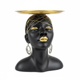Decorative Sculpture - African Woman Bust with Gold Tray Key and Accessories Holder Home Decor Figurines