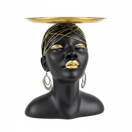 Decorative Sculpture - African Woman Bust with Gold Tray Key and Accessories Holder Home Decor Figurines