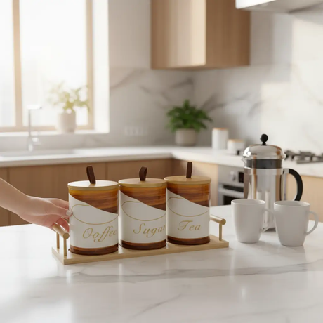 Canister Set - 3-Piece 500ml Ceramic Coffee Sugar Tea with Bamboo Stand Spoons Kitchen & Dining Food Storage Containers