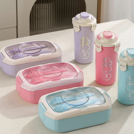 Lunch Box Set - 2-in-1 750ml Dish and 450ml Bottle Microwave Safe Blue Pink Purple Kitchen & Dining Lunch Box Sets