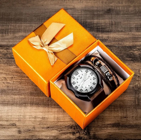 Men's Quartz Watch & Leather Bracelet Gift Set Brown Black Bags & Accessories Jewelry Sets