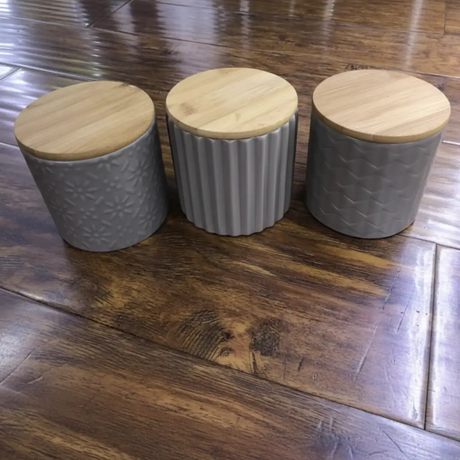 Canister Set - 3-Piece Grey Ceramic Embossed Bamboo Lid Kitchen Storage Jars Kitchen & Dining Food Storage Containers